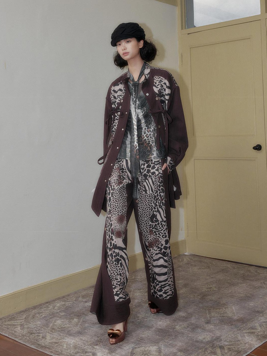 SENSELF Brown Leopard Print Removable Tie Bow Straps Women's Wide-leg Pants
