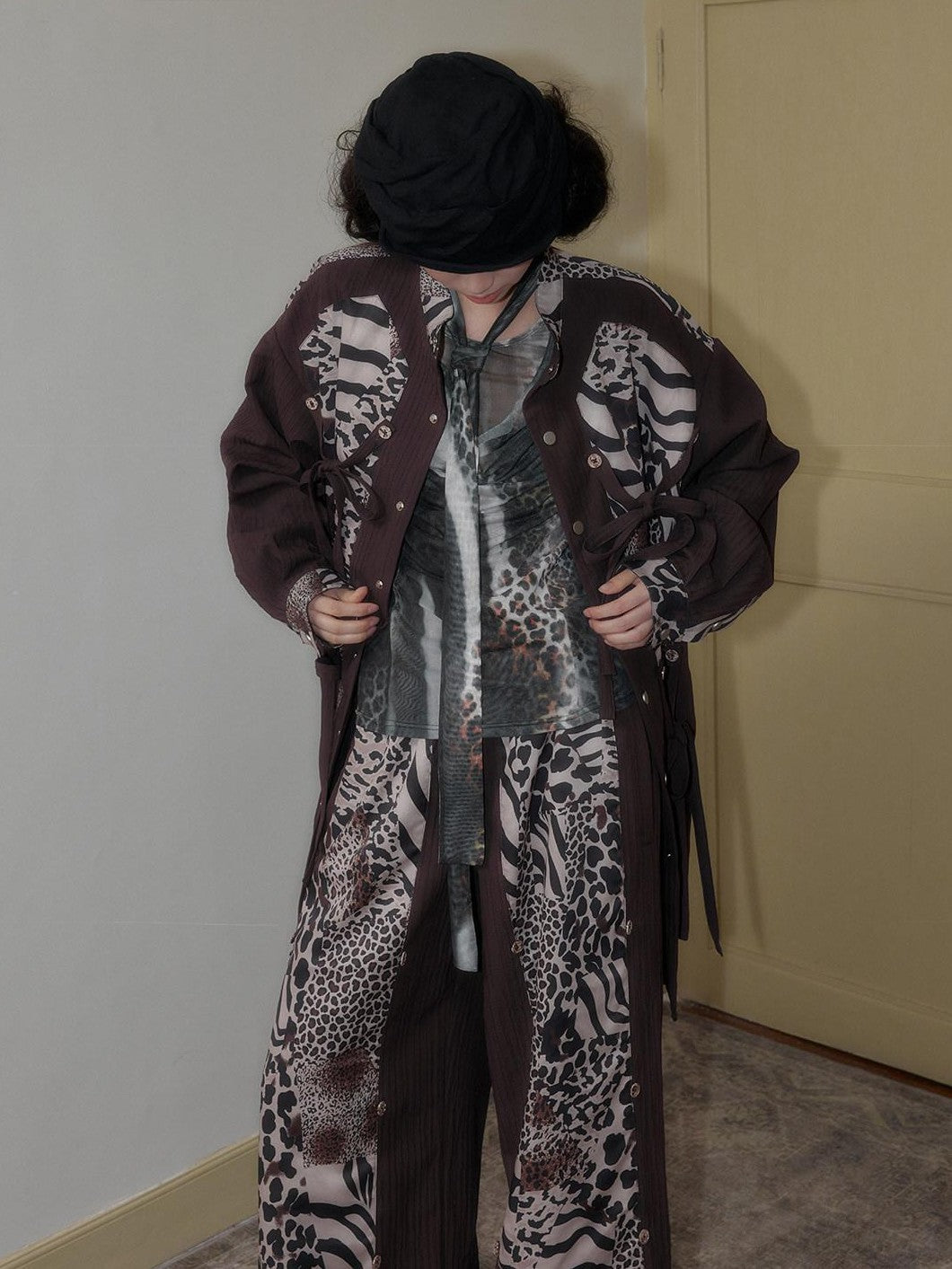 SENSELF Brown Leopard Print Removable Tie Bow Straps Women's Wide-leg Pants