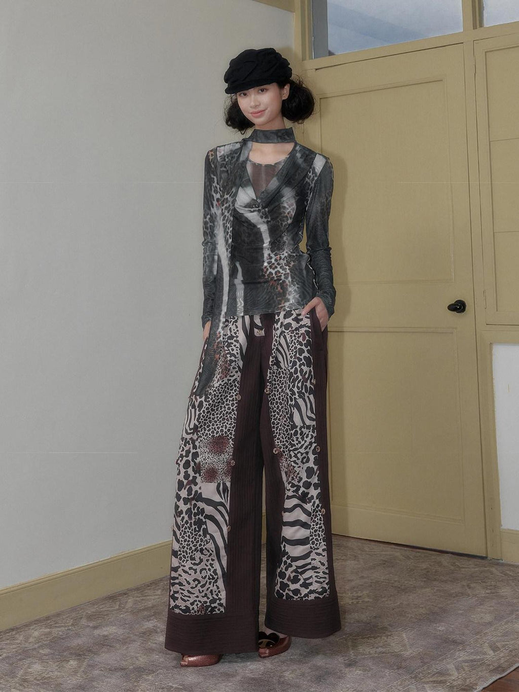 SENSELF Brown Leopard Print Removable Tie Bow Straps Women's Wide-leg Pants