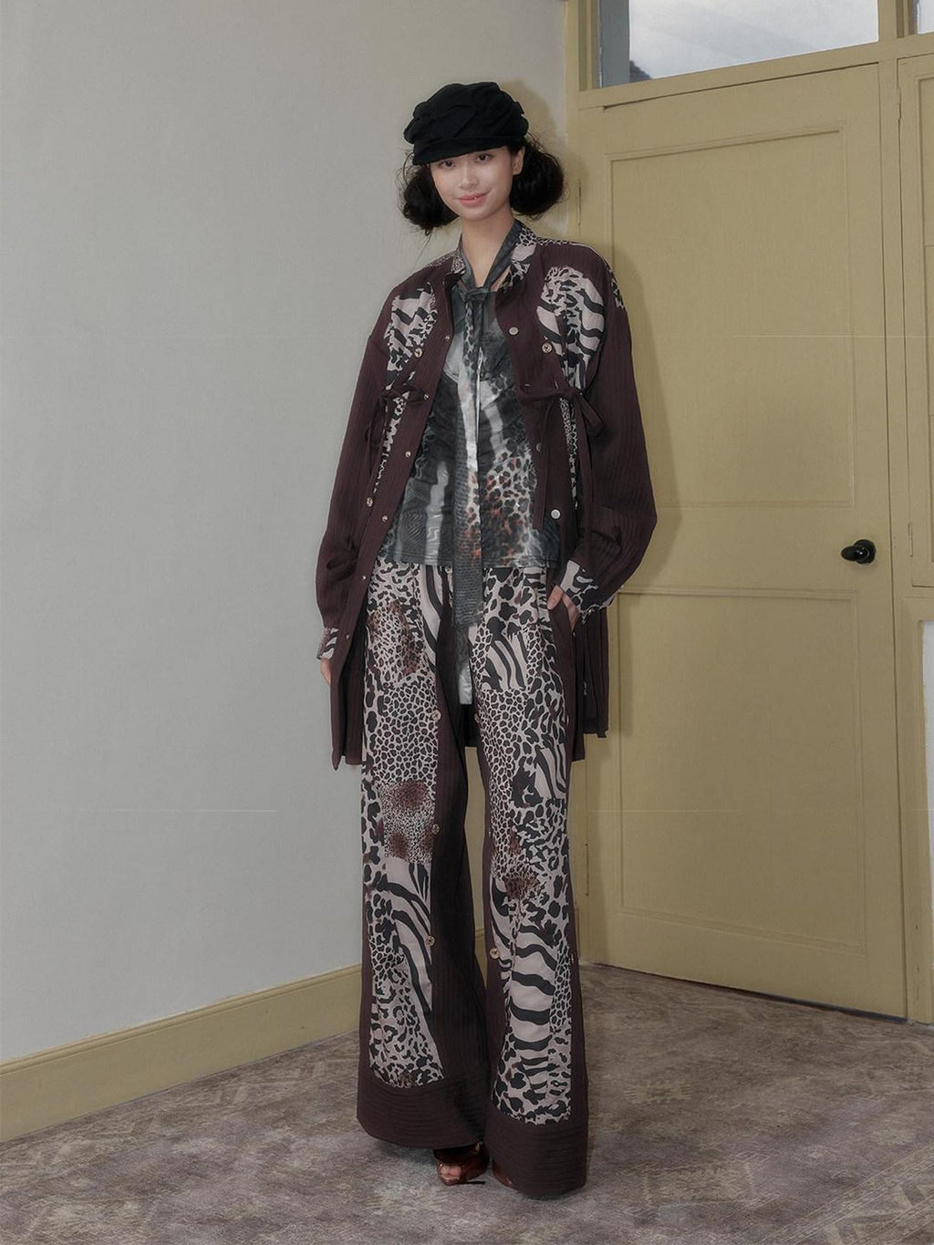 SENSELF Brown Leopard Print Removable Tie Bow Straps Women's Wide-leg Pants