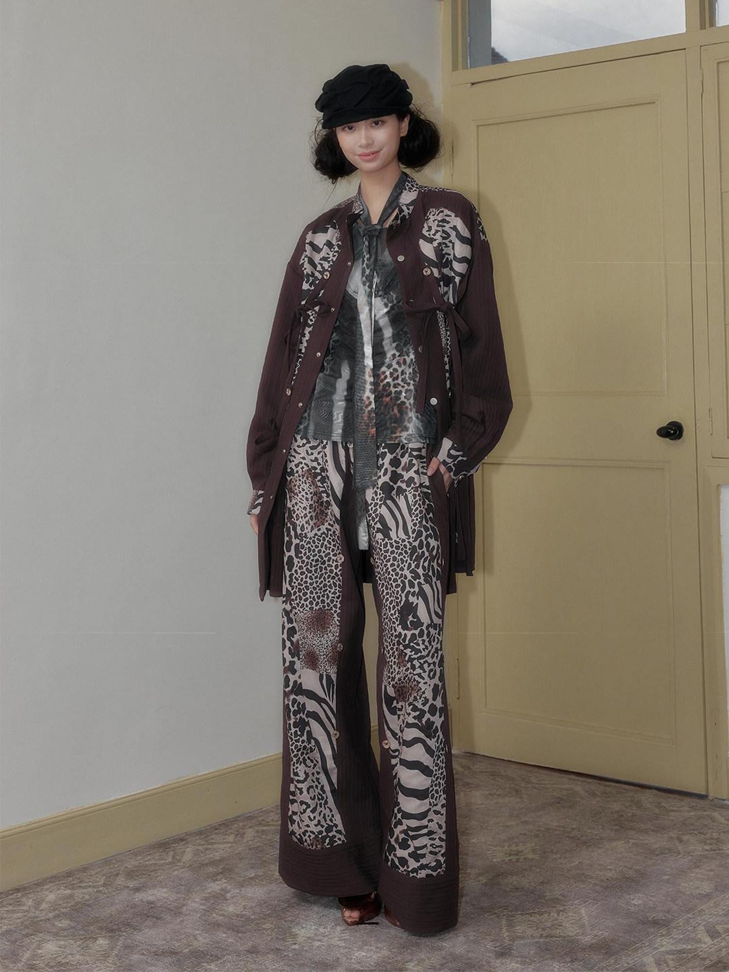 SENSELF Brown Leopard Print Removable Tie Bow Straps Women's Wide-leg Pants