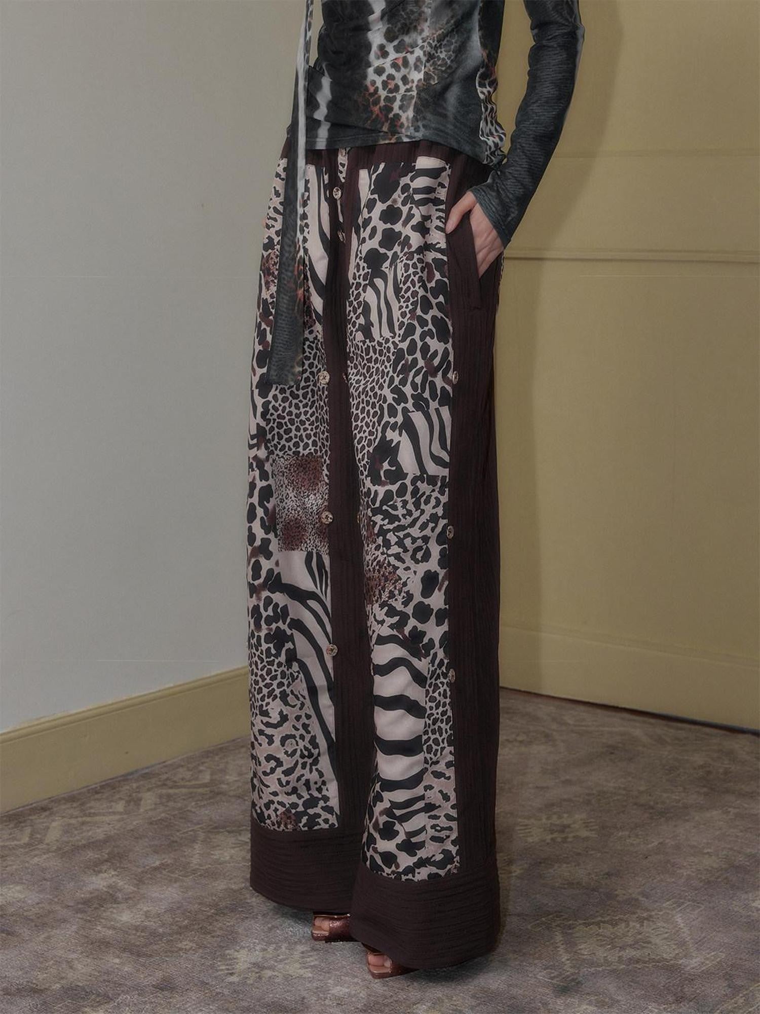 SENSELF Brown Leopard Print Removable Tie Bow Straps Women's Wide-leg Pants