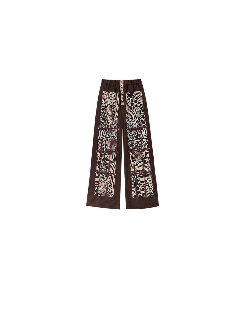 SENSELF Brown Leopard Print Removable Tie Bow Straps Women's Wide-leg Pants