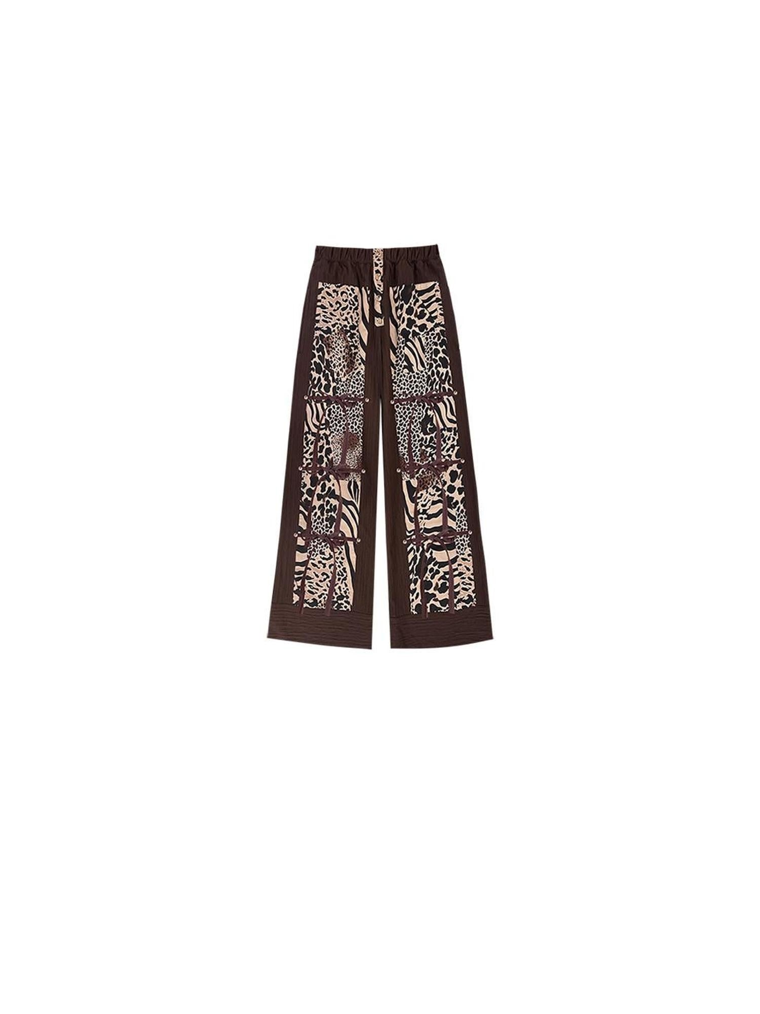 SENSELF Brown Leopard Print Removable Tie Bow Straps Women's Wide-leg Pants