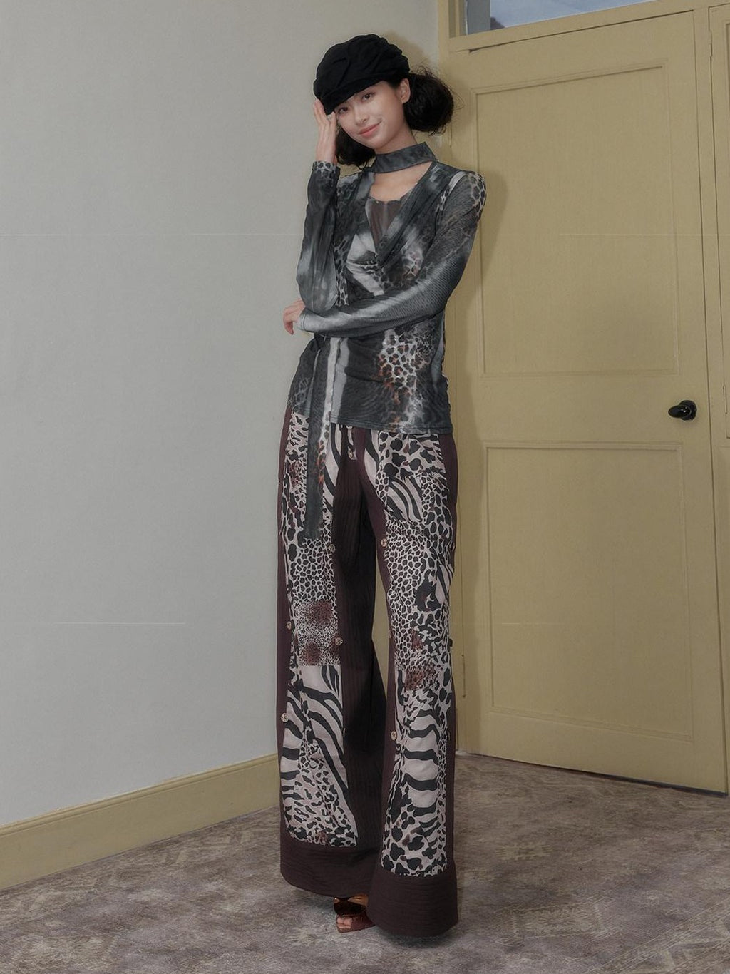 SENSELF Brown Leopard Print Removable Tie Bow Straps Women's Wide-leg Pants