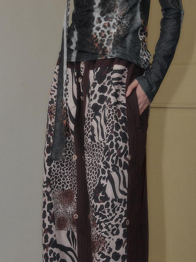 SENSELF Brown Leopard Print Removable Tie Bow Straps Women's Wide-leg Pants