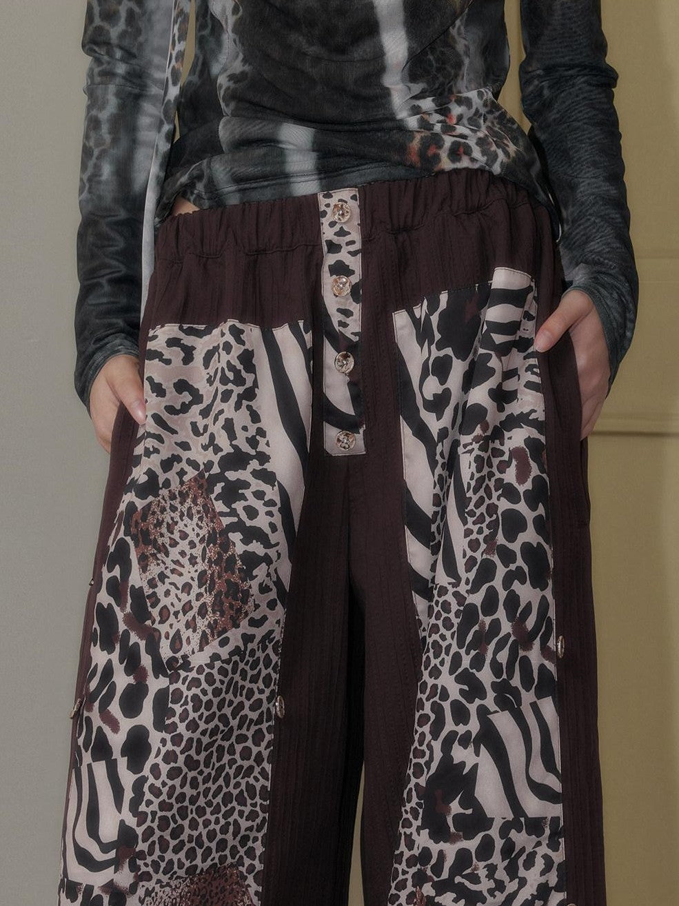 SENSELF Brown Leopard Print Removable Tie Bow Straps Women's Wide-leg Pants
