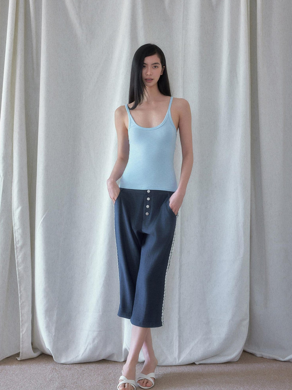 SENSELF Brown Navy Vintage Striped Textured Low Waist Slight Flare Women's Capri Pants