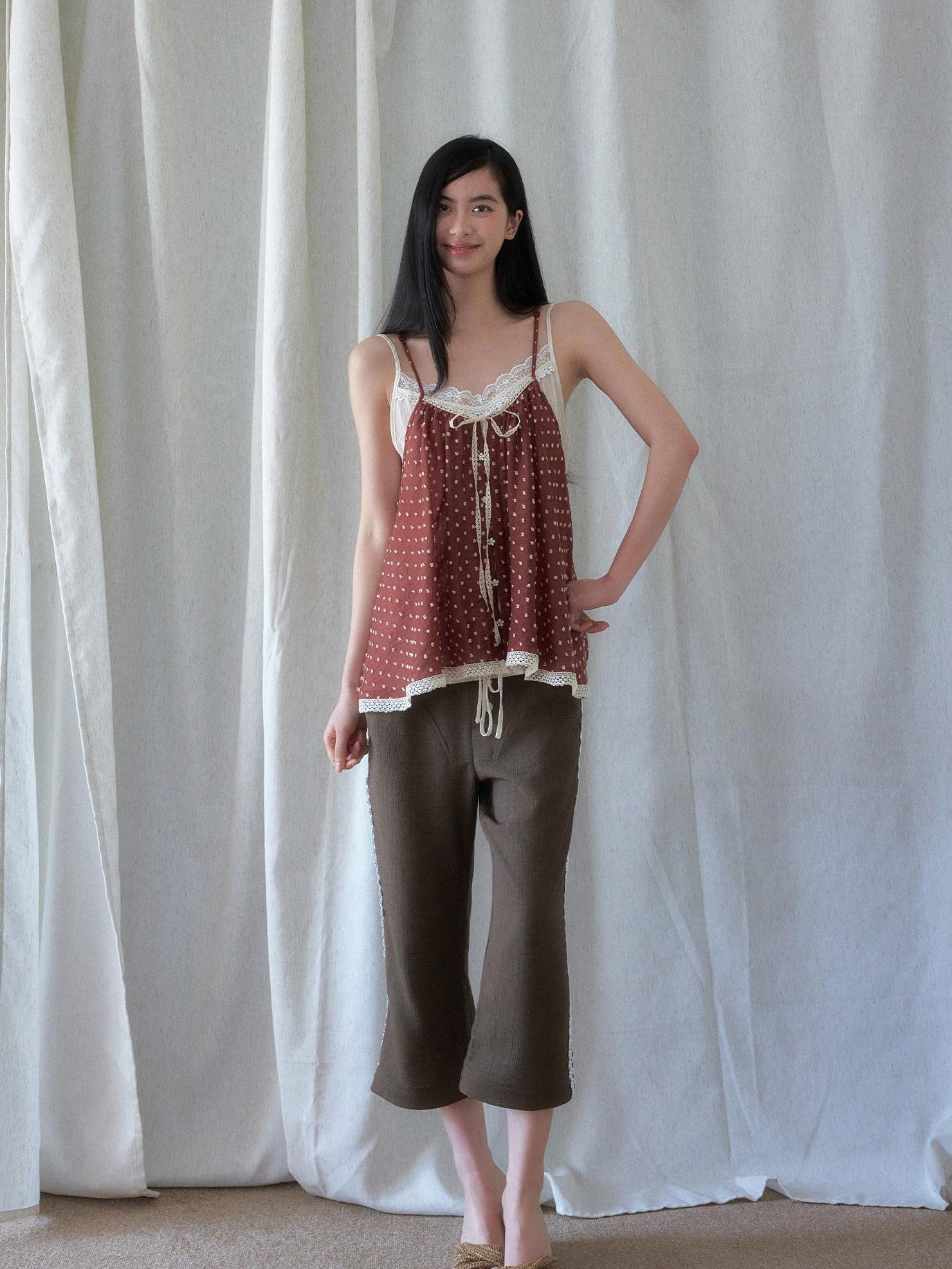 SENSELF Brown Navy Vintage Striped Textured Low Waist Slight Flare Women's Capri Pants