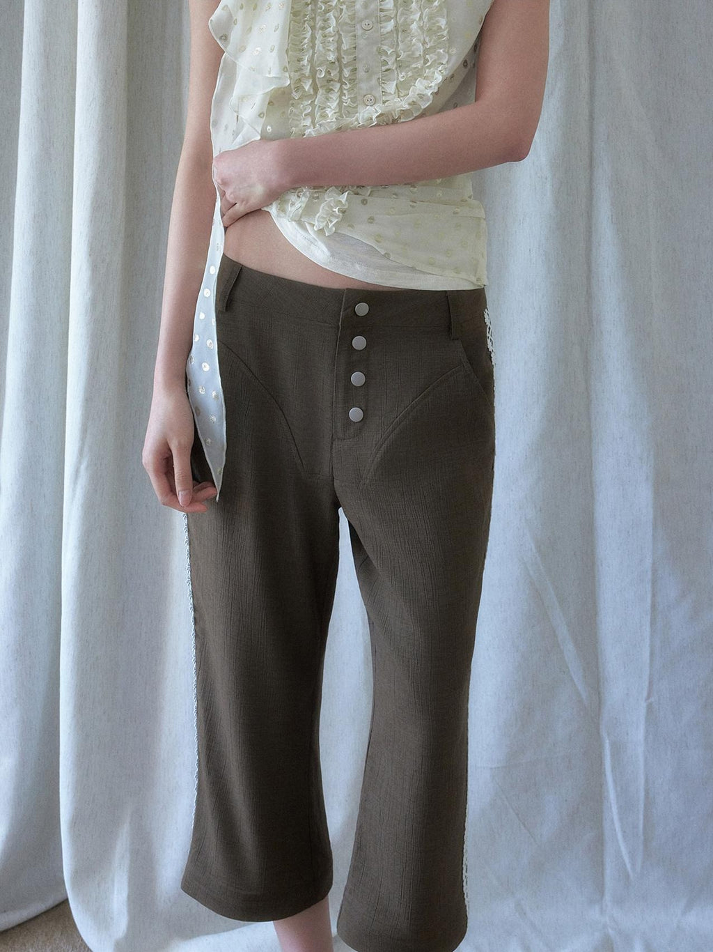 SENSELF Brown Navy Vintage Striped Textured Low Waist Slight Flare Women's Capri Pants