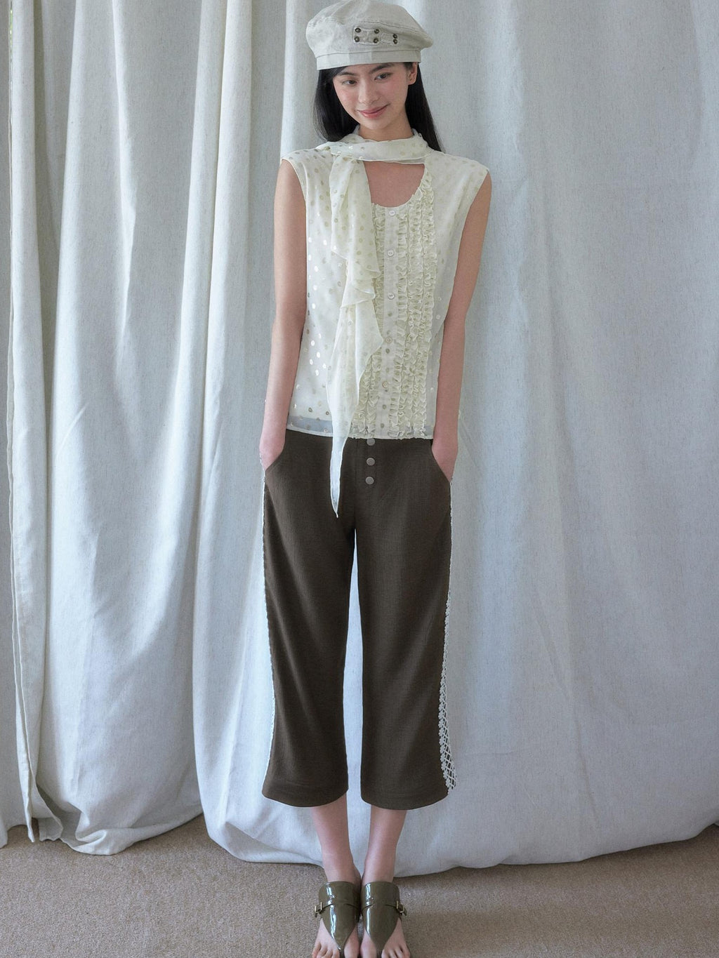 SENSELF Brown Navy Vintage Striped Textured Low Waist Slight Flare Women's Capri Pants