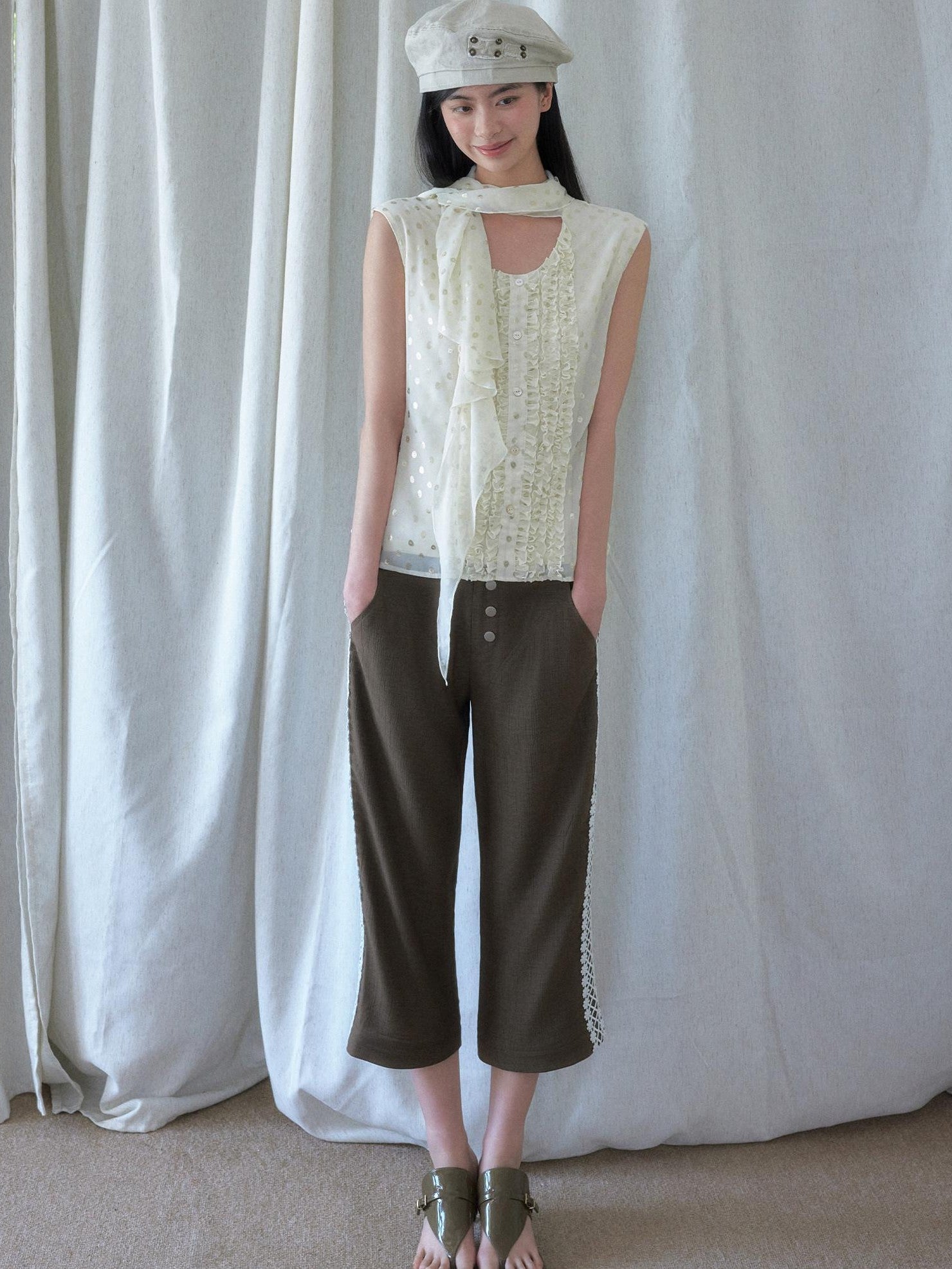 SENSELF Brown Navy Vintage Striped Textured Low Waist Slight Flare Women's Capri Pants