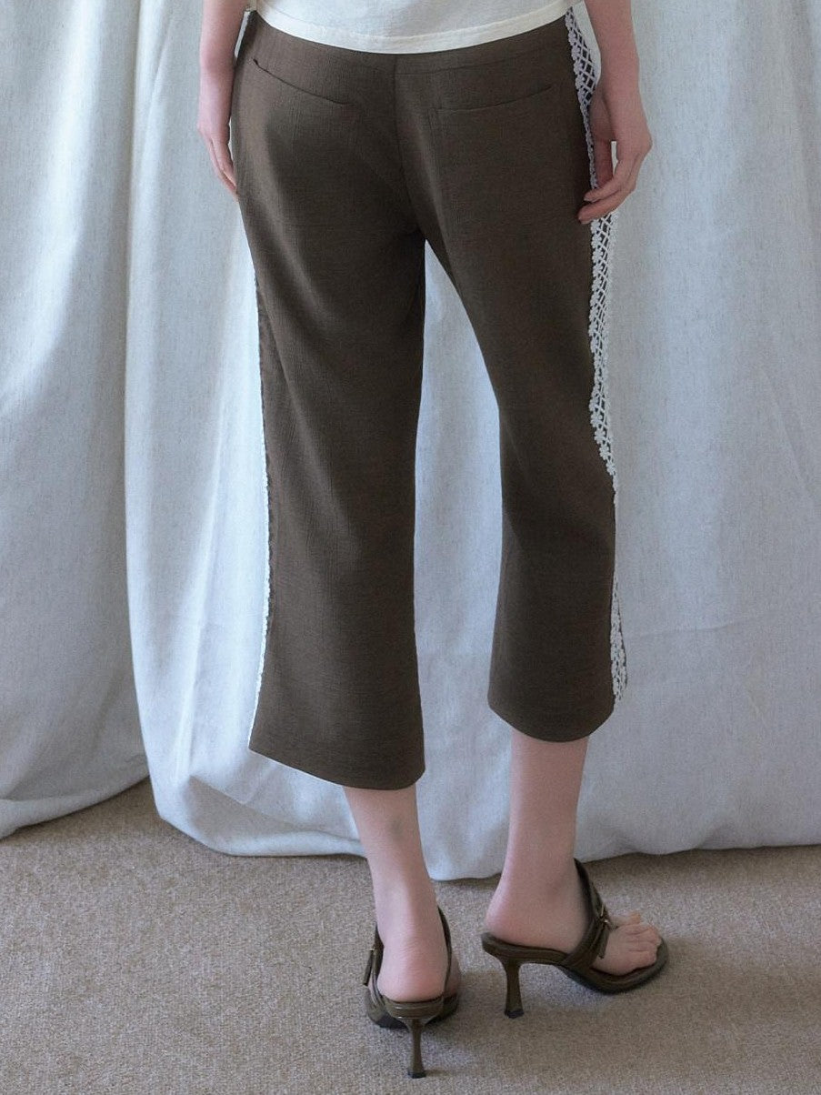 SENSELF Brown Navy Vintage Striped Textured Low Waist Slight Flare Women's Capri Pants