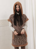 SENSELF Brown Plush Patchwork Hooded Layered Vest Women's Knit Casual Midi Dresses