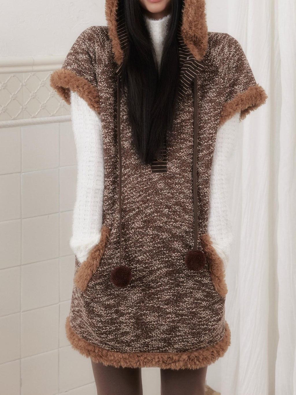 SENSELF Brown Plush Patchwork Hooded Layered Vest Women's Knit Casual Midi Dresses