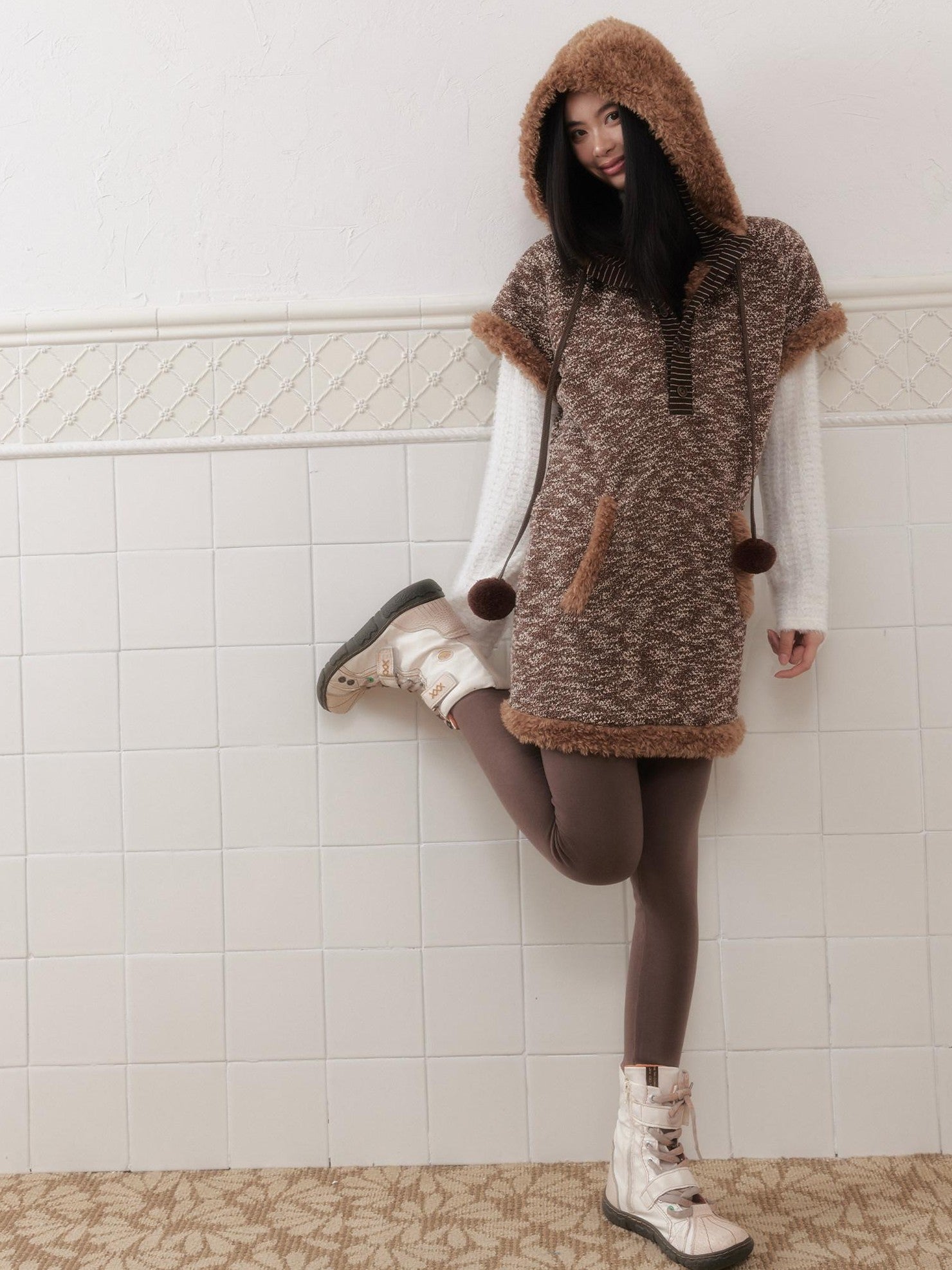 SENSELF Brown Plush Patchwork Hooded Layered Vest Women's Knit Casual Midi Dresses