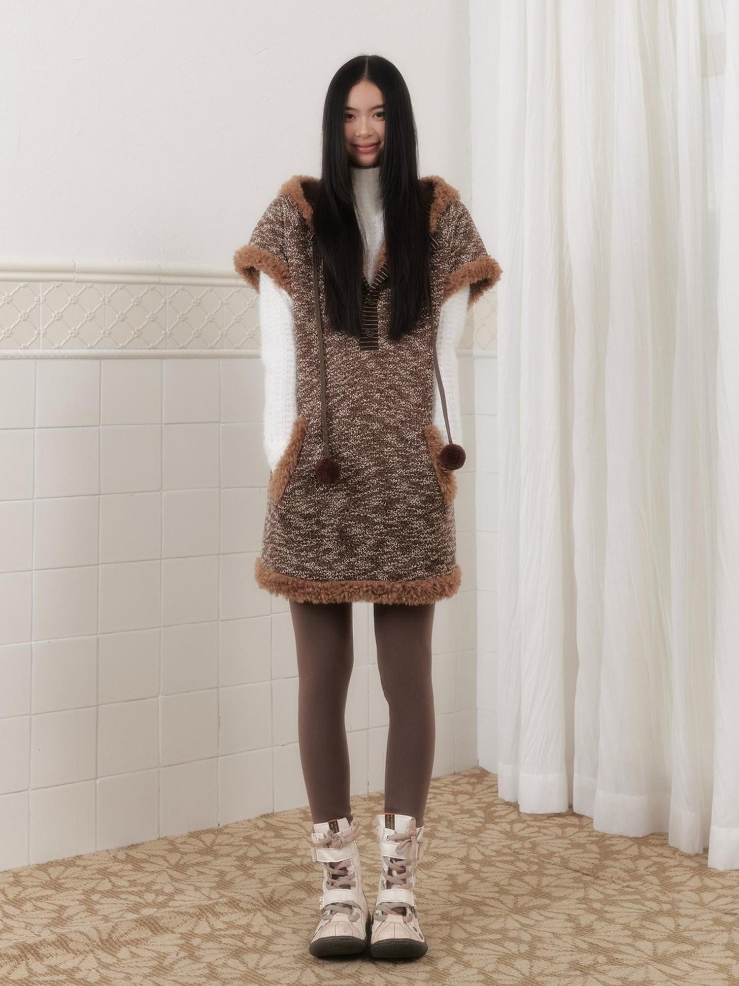 SENSELF Brown Plush Patchwork Hooded Layered Vest Women's Knit Casual Midi Dresses
