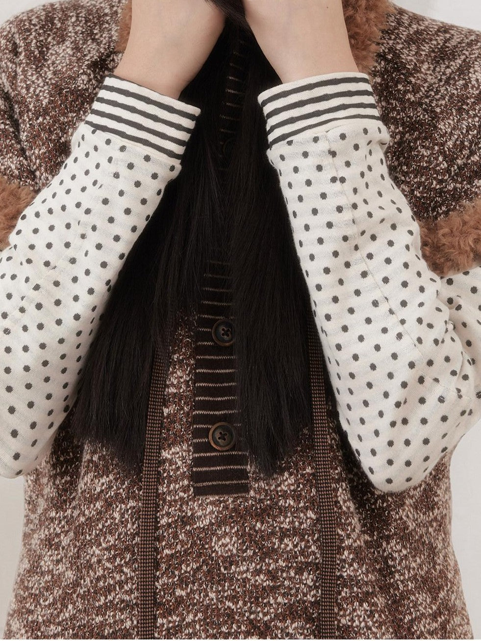 SENSELF Brown Plush Patchwork Hooded Layered Vest Women's Knit Casual Midi Dresses
