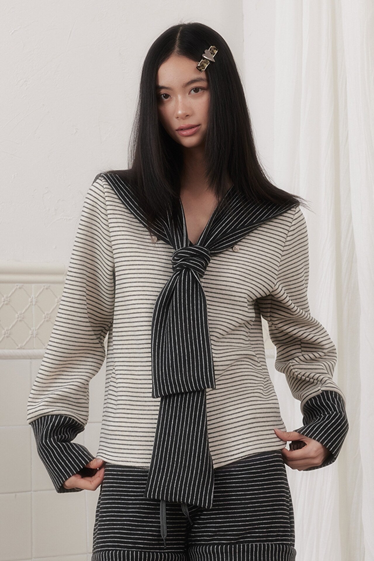 SENSELF_Brown_Striped_Patchwork_Sailor_Collar_Scarf_Two_Piece_Women's_Knit_Cardigans_991778624980_MISSTT
