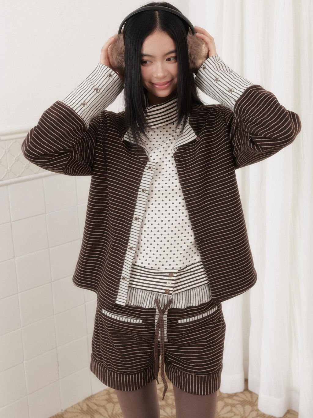 SENSELF Brown Striped Patchwork Sailor Collar Scarf Two Piece Women's Knit Cardigans