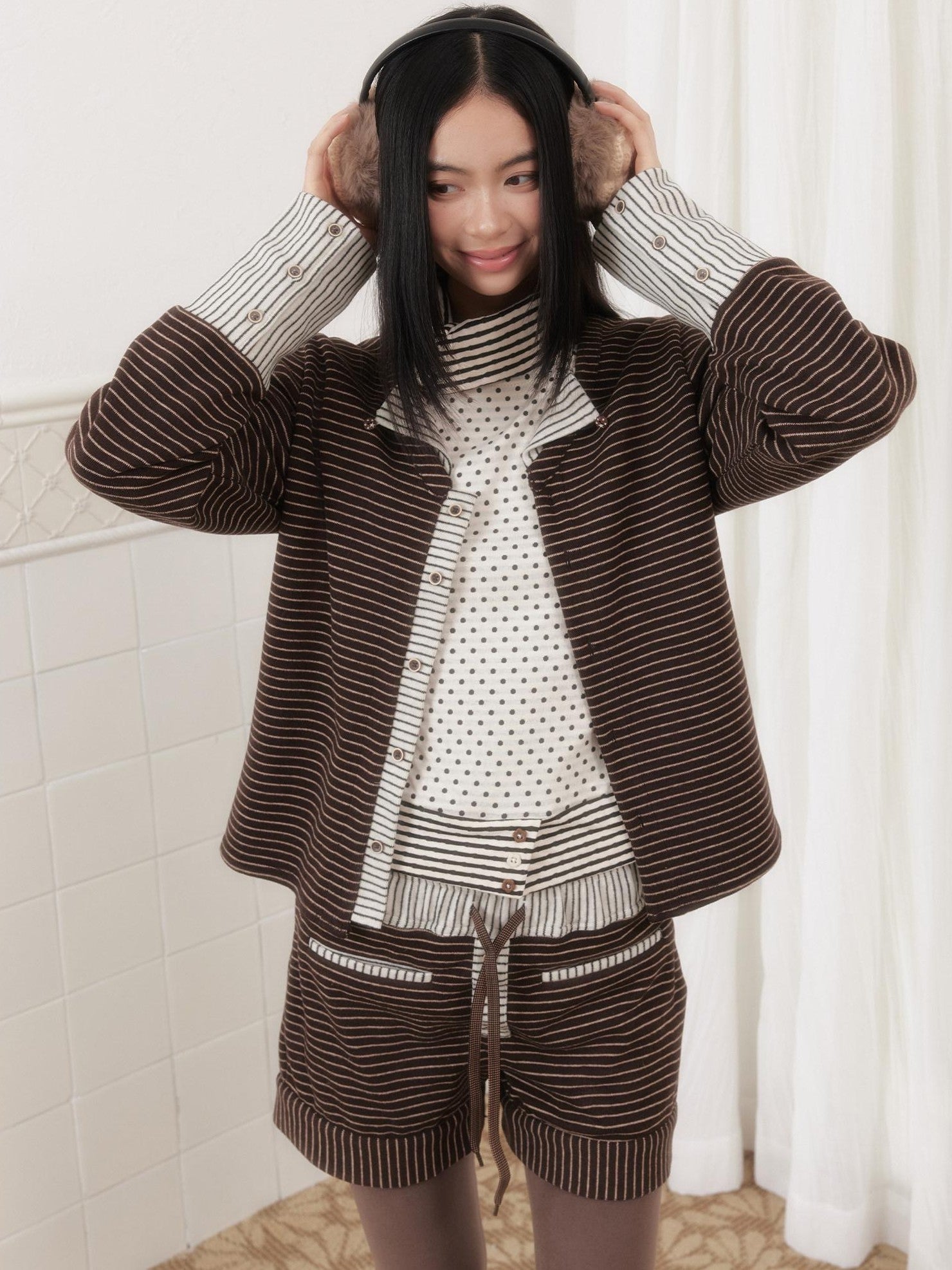 SENSELF Brown Striped Patchwork Sailor Collar Scarf Two Piece Women's Knit Cardigans