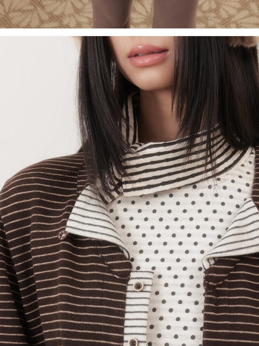SENSELF Brown Striped Patchwork Sailor Collar Scarf Two Piece Women's Knit Cardigans