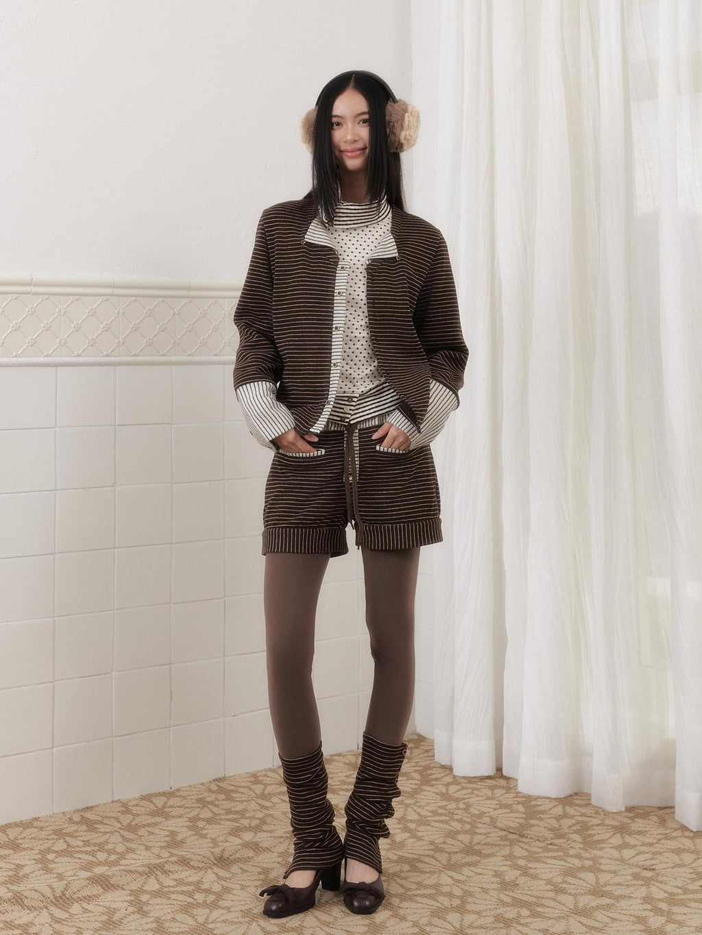 SENSELF Brown Striped Patchwork Sailor Collar Scarf Two Piece Women's Knit Cardigans