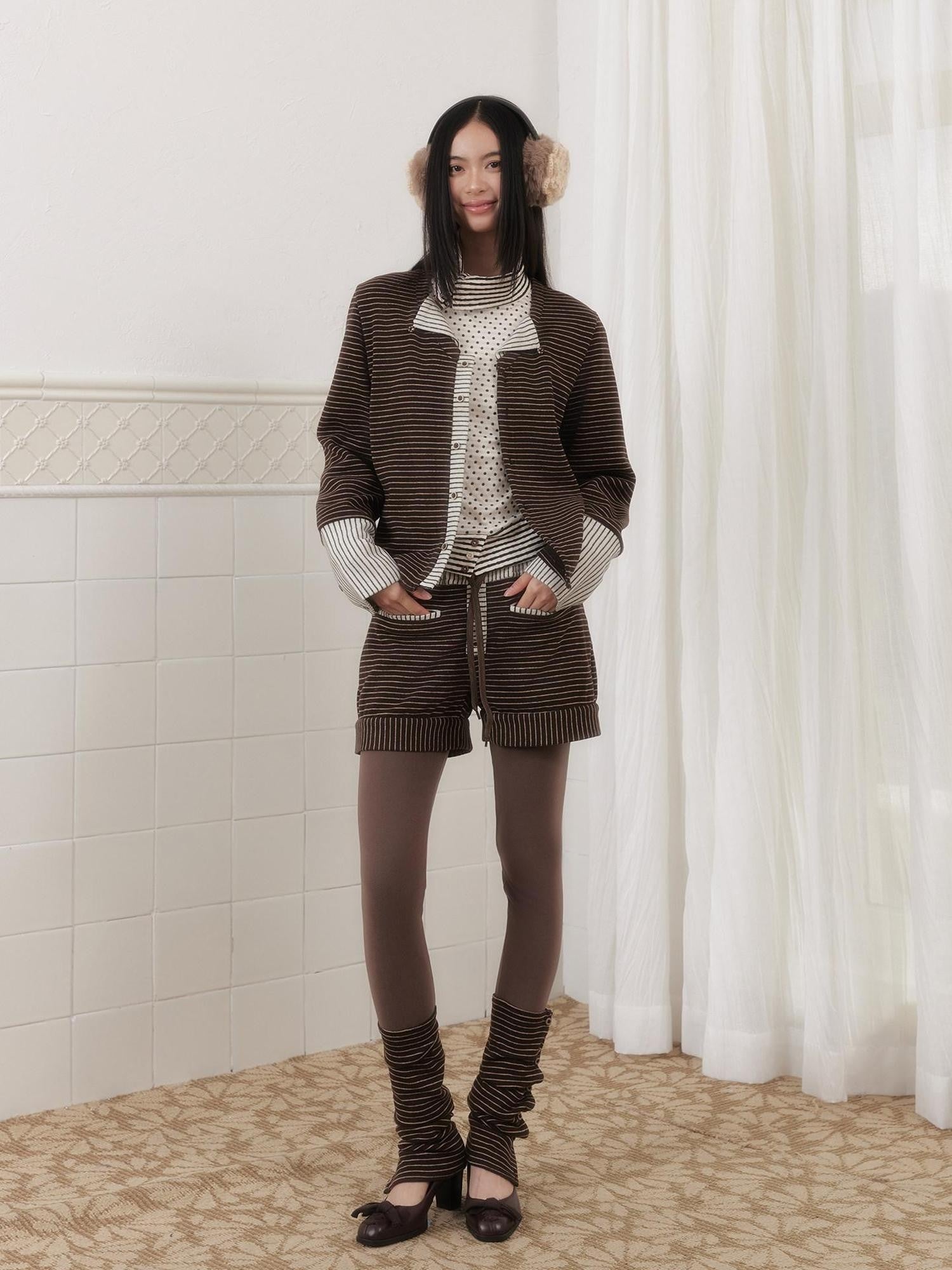 SENSELF Brown Striped Patchwork Sailor Collar Scarf Two Piece Women's Knit Cardigans