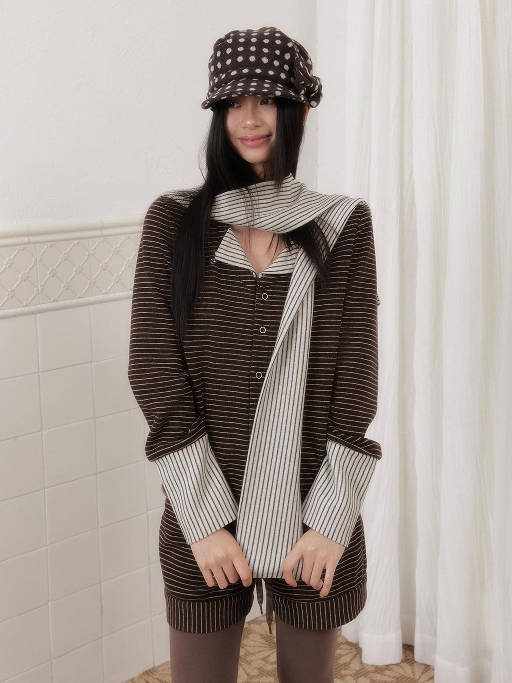 SENSELF Brown Striped Patchwork Sailor Collar Scarf Two Piece Women's Knit Cardigans
