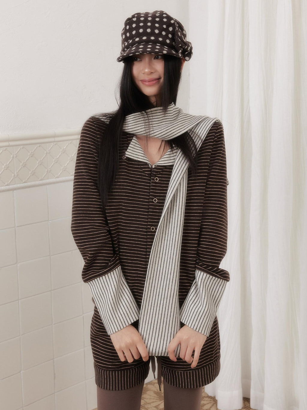 SENSELF Brown Striped Patchwork Sailor Collar Scarf Two Piece Women's Knit Cardigans