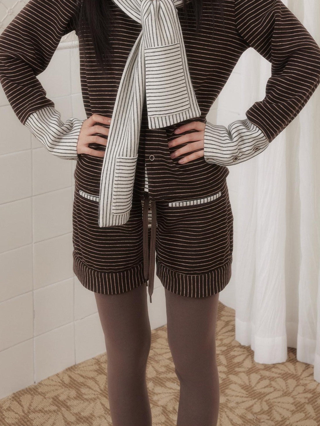SENSELF Brown Striped Patchwork Sailor Collar Scarf Two Piece Women's Knit Cardigans
