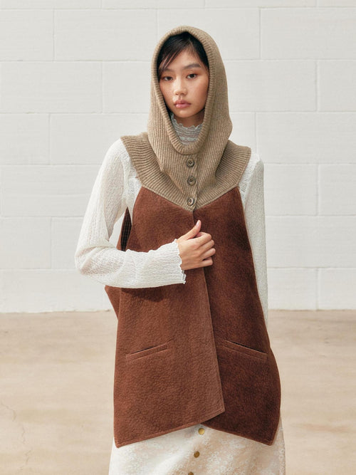 SENSELF Brown Vintage Hooded Loose Mid Length Layering Women's Polyester Vests
