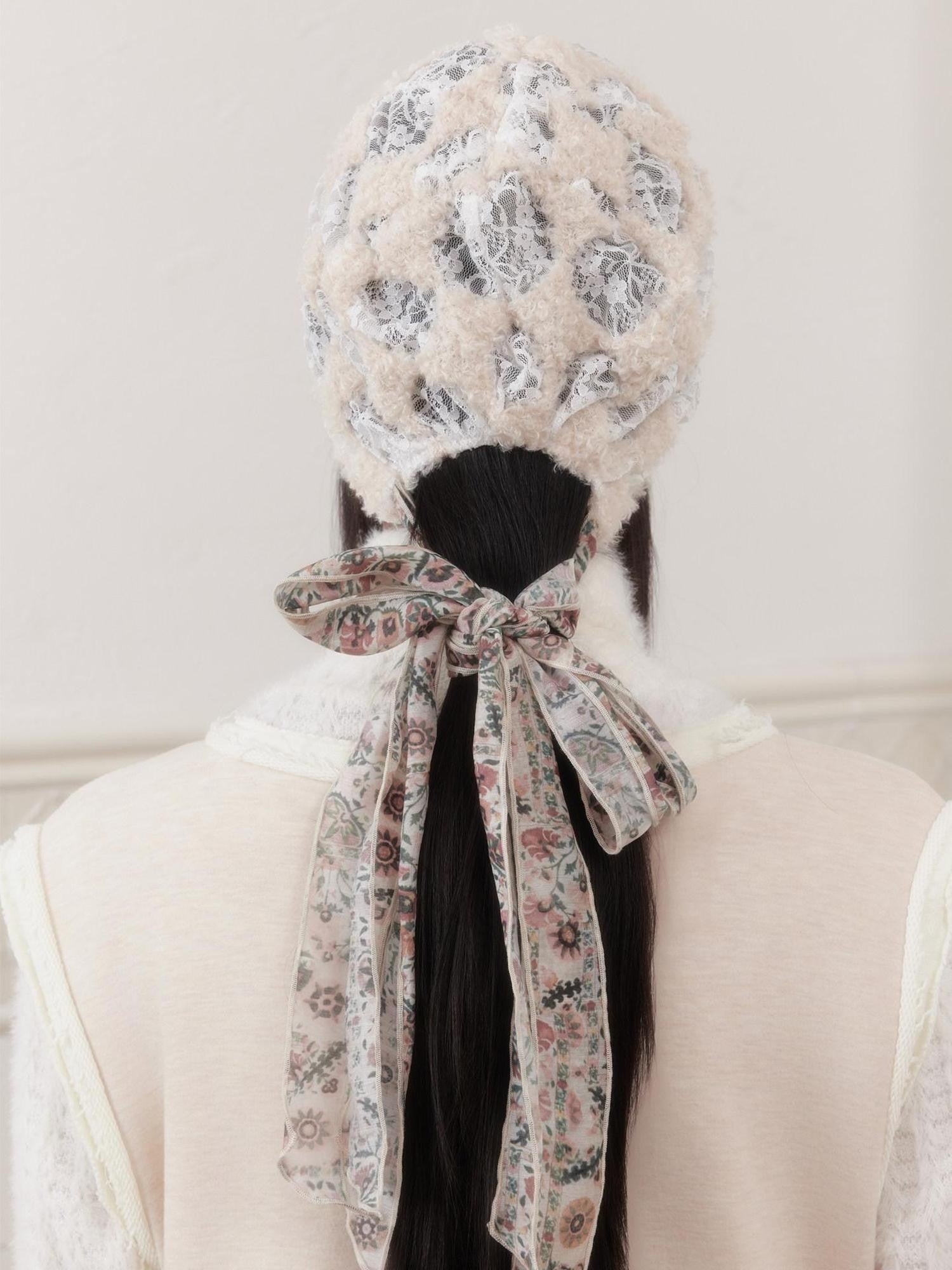 SENSELF Cream Lace Embroidered Patchwork Vintage Women's Silk Scarf Tie Headdresses