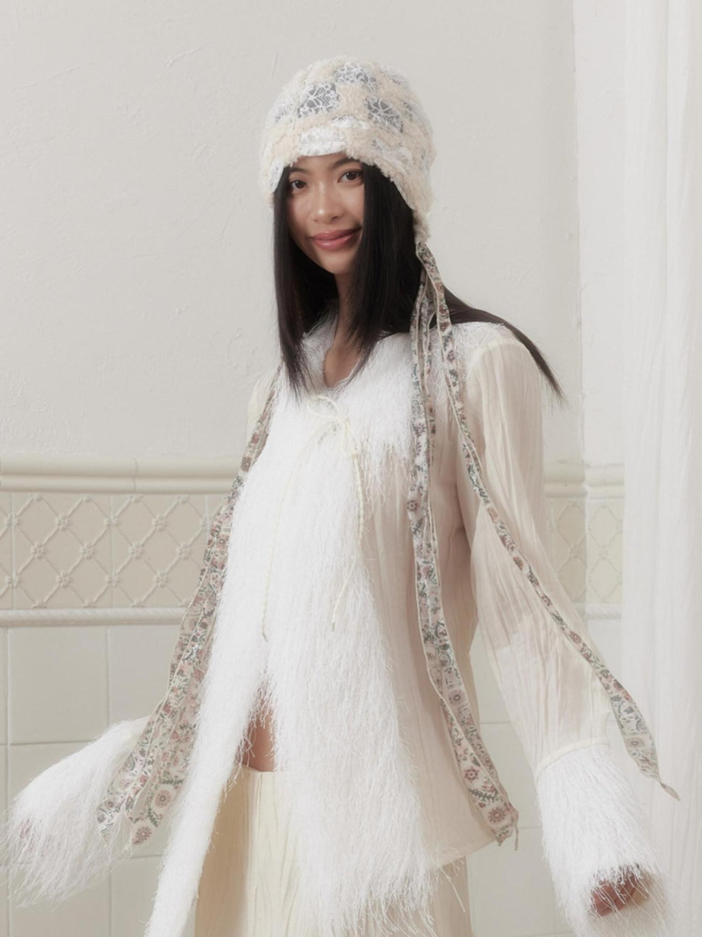 SENSELF Cream Lace Embroidered Patchwork Vintage Women's Silk Scarf Tie Headdresses