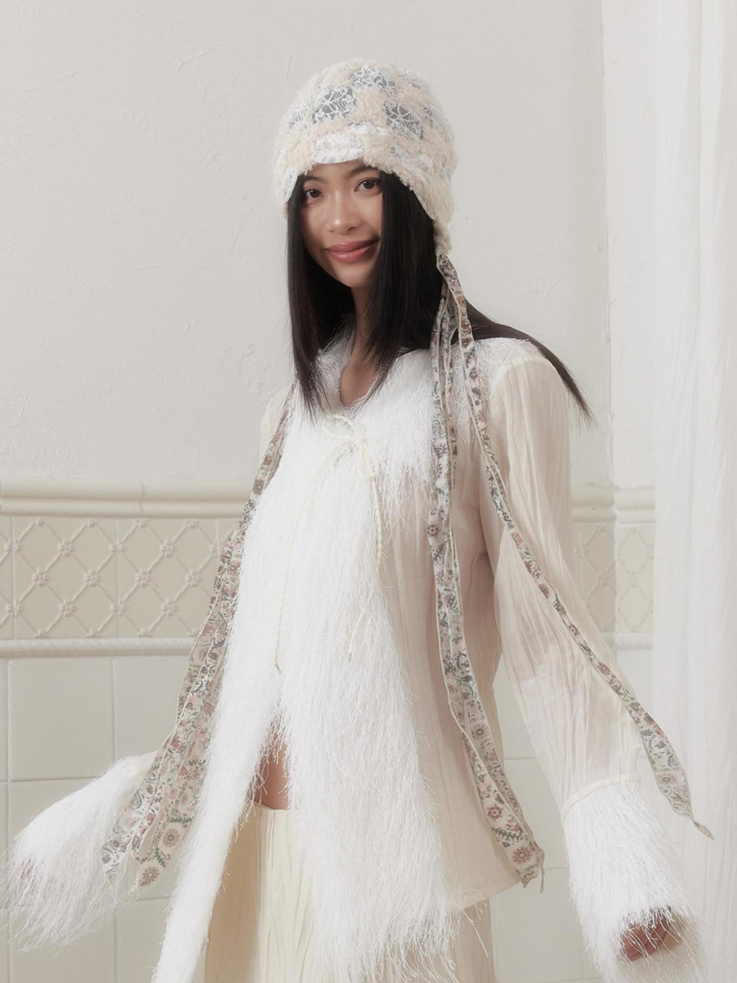 SENSELF Cream Lace Embroidered Patchwork Vintage Women's Silk Scarf Tie Headdresses
