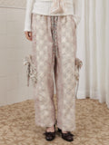 SENSELF Cream Pleated Patchwork Embroidered Lantern Pockets Women's Wide-leg Pants
