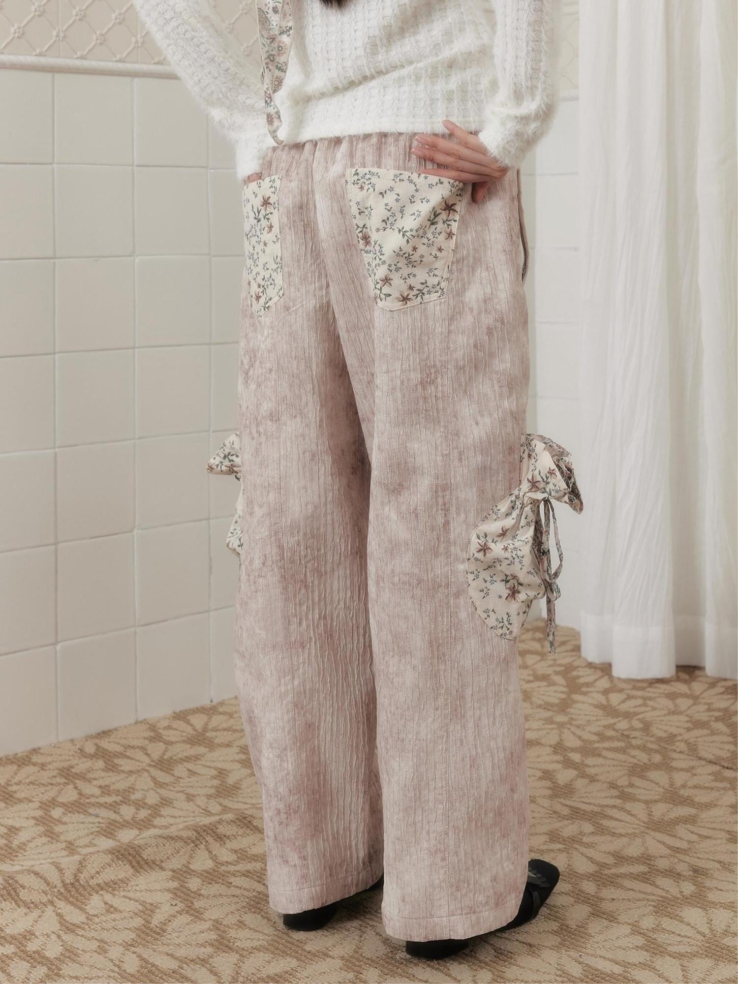 SENSELF Cream Pleated Patchwork Embroidered Lantern Pockets Women's Wide-leg Pants