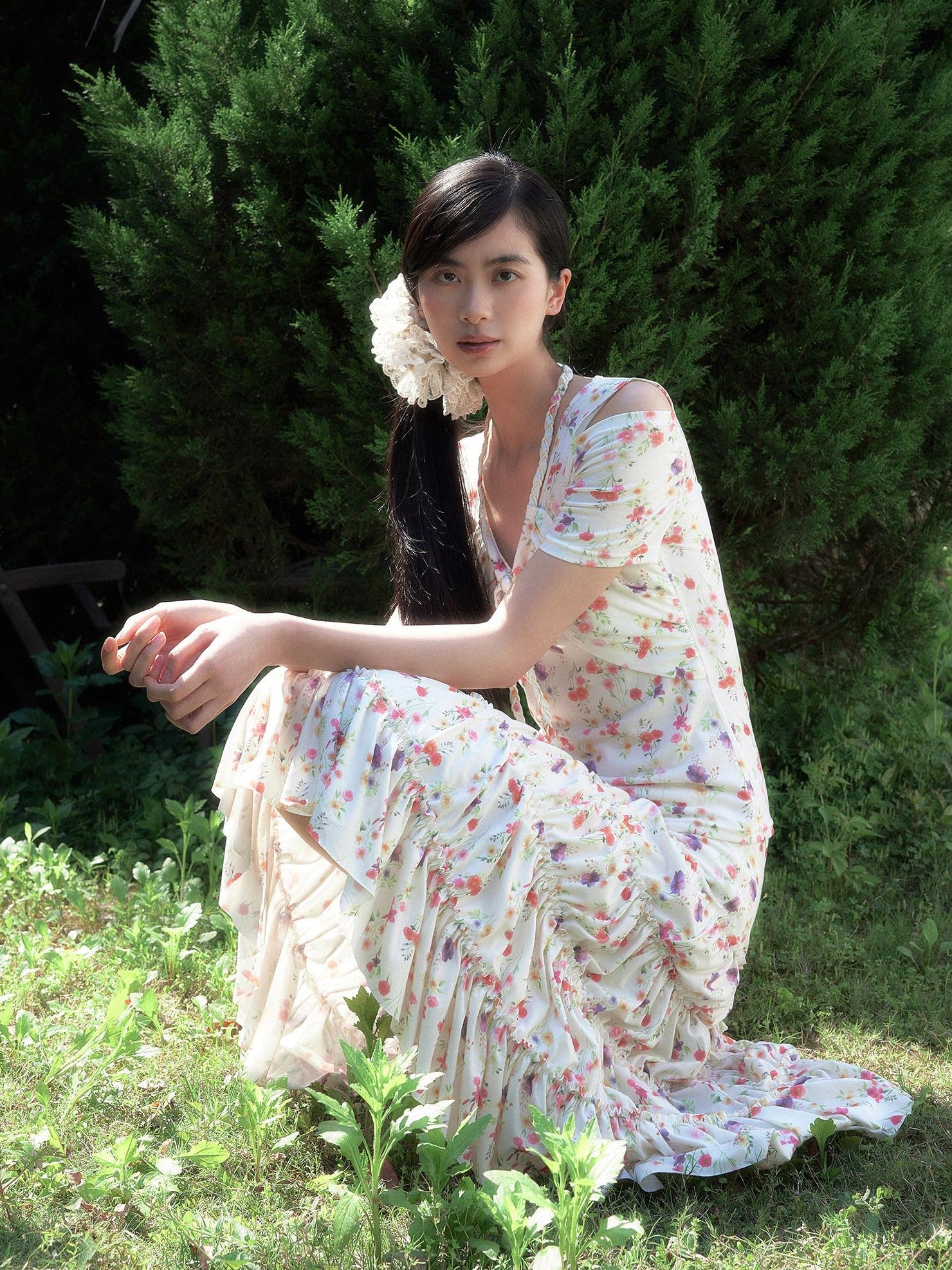 SENSELF Cream Vintage Floral Print Lace Trim Low Waist Women's Tiered Skirts