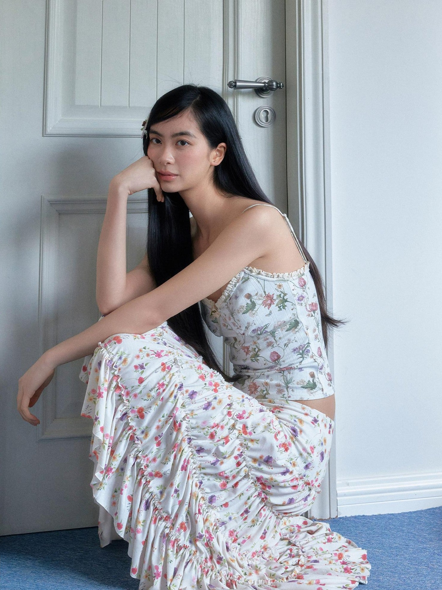 SENSELF Cream Vintage Floral Print Lace Trim Low Waist Women's Tiered Skirts