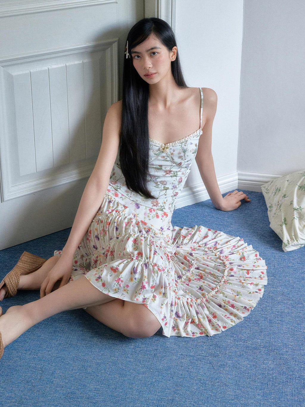 SENSELF Cream Vintage Floral Print Lace Trim Low Waist Women's Tiered Skirts