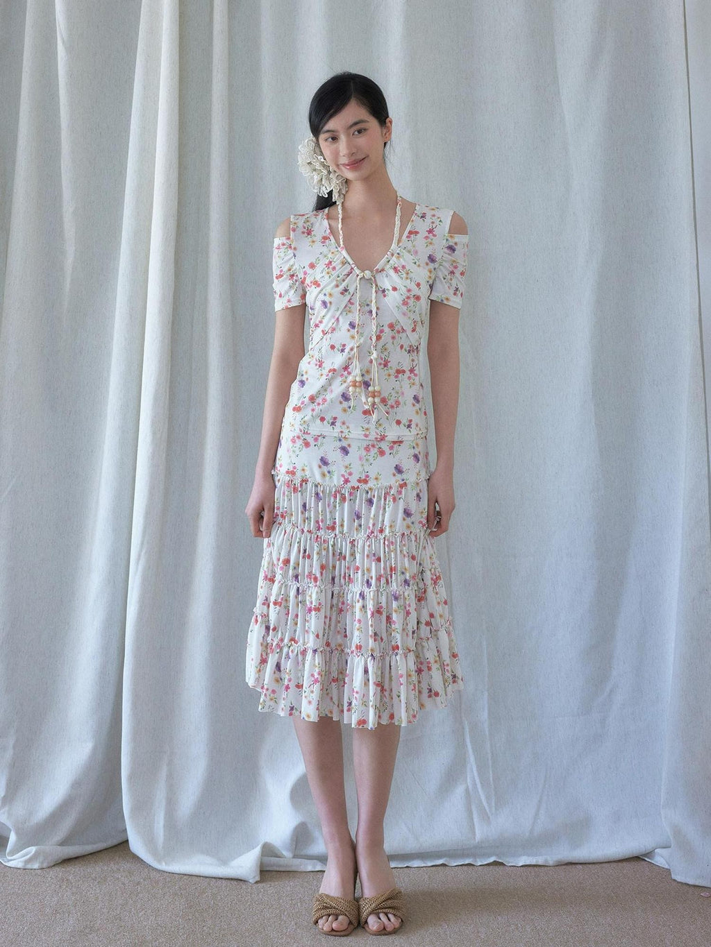SENSELF Cream Vintage Floral Print Lace Trim Low Waist Women's Tiered Skirts