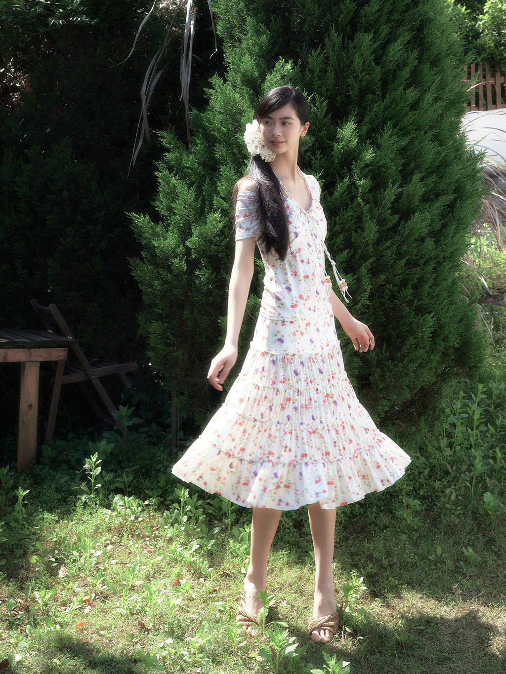 SENSELF Cream Vintage Floral Print Lace Trim Low Waist Women's Tiered Skirts