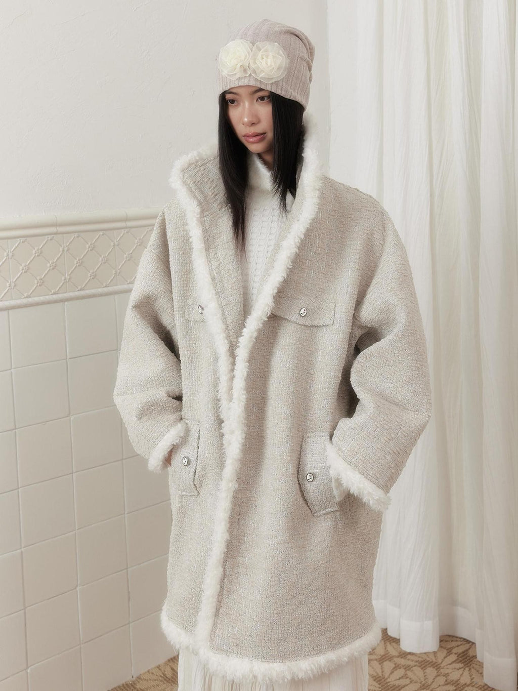 SENSELF Cream Vintage Fur Collar Aged Cocoon Women's Textured Wool Long Coats