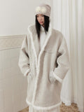 SENSELF Cream Vintage Fur Collar Aged Cocoon Women's Textured Wool Long Coats