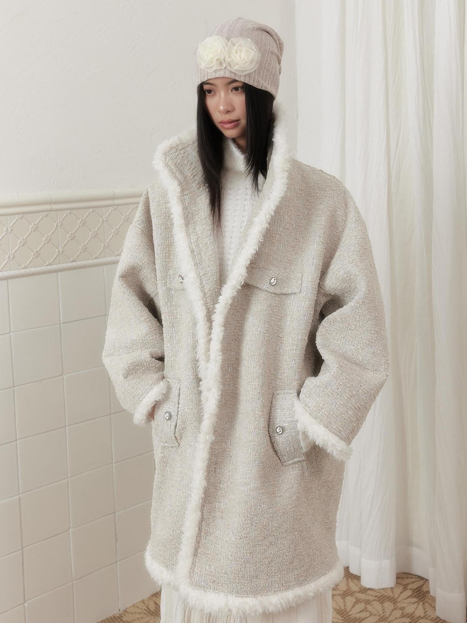 SENSELF Cream Vintage Fur Collar Aged Cocoon Women's Textured Wool Long Coats