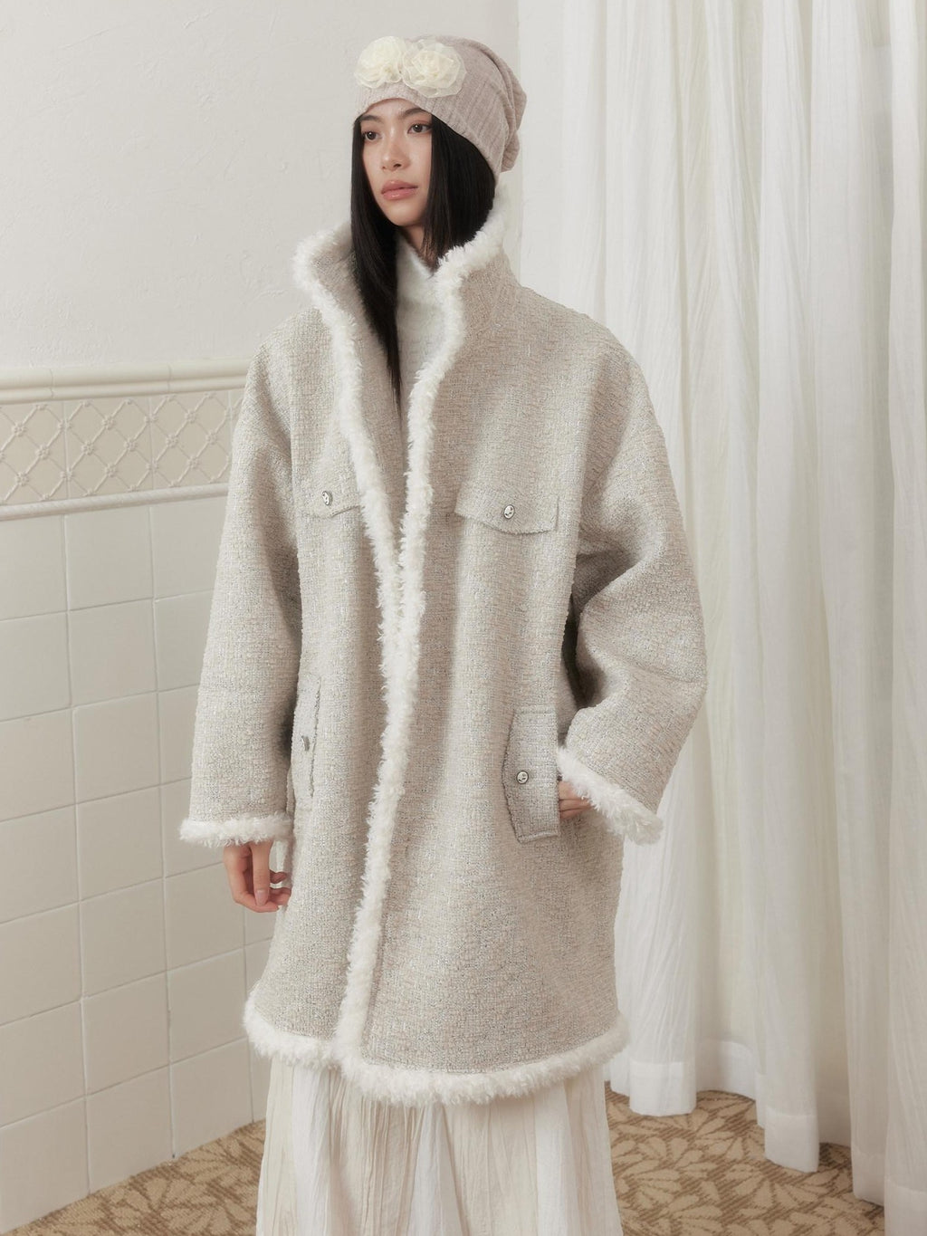 SENSELF Cream Vintage Fur Collar Aged Cocoon Women's Textured Wool Long Coats