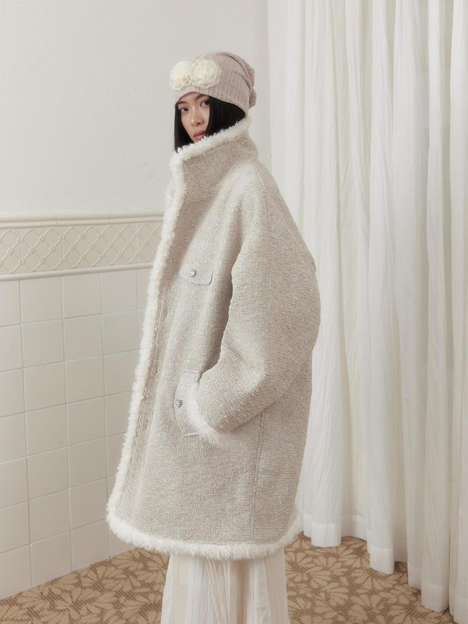 SENSELF Cream Vintage Fur Collar Aged Cocoon Women's Textured Wool Long Coats