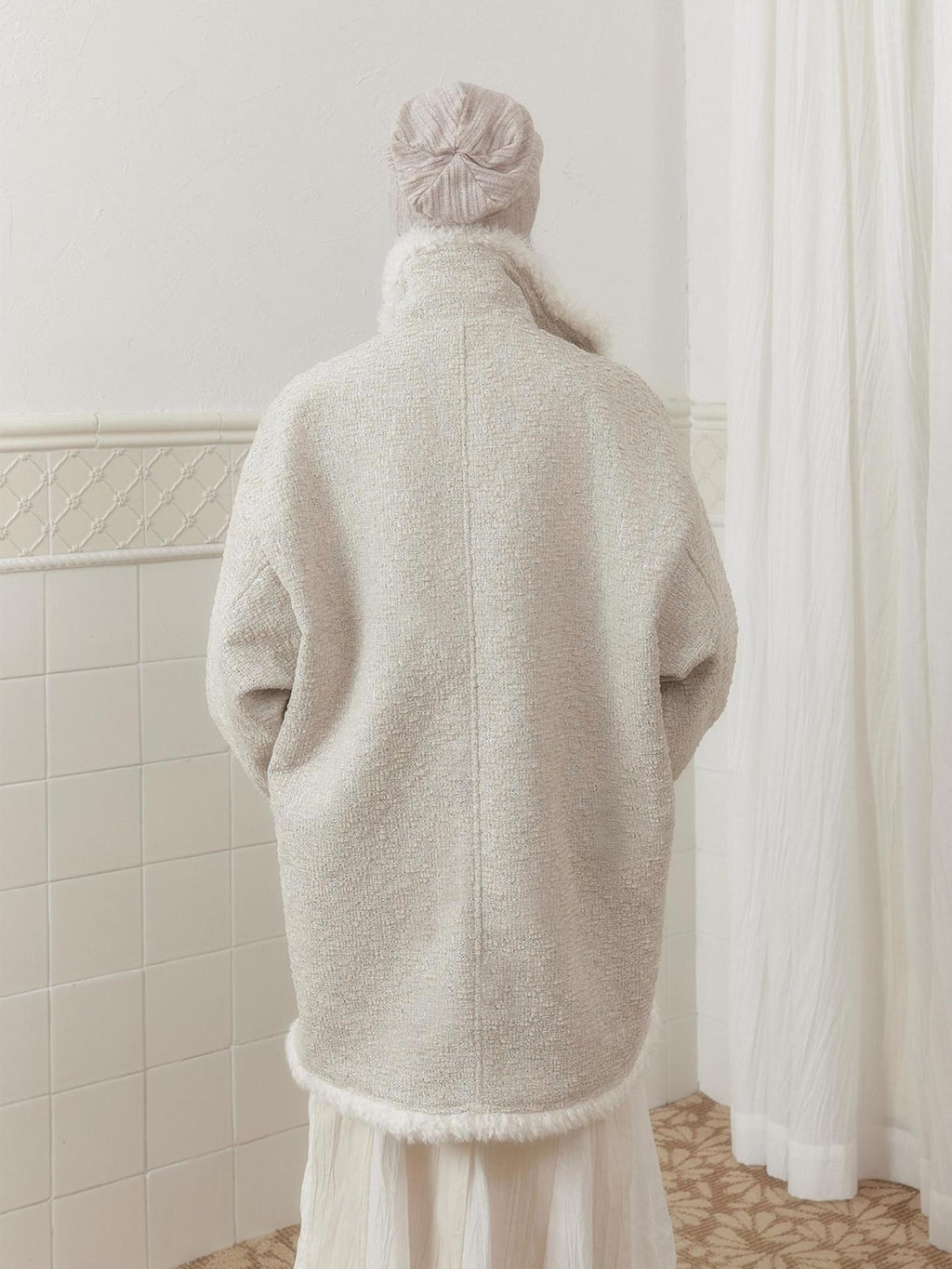 SENSELF Cream Vintage Fur Collar Aged Cocoon Women's Textured Wool Long Coats