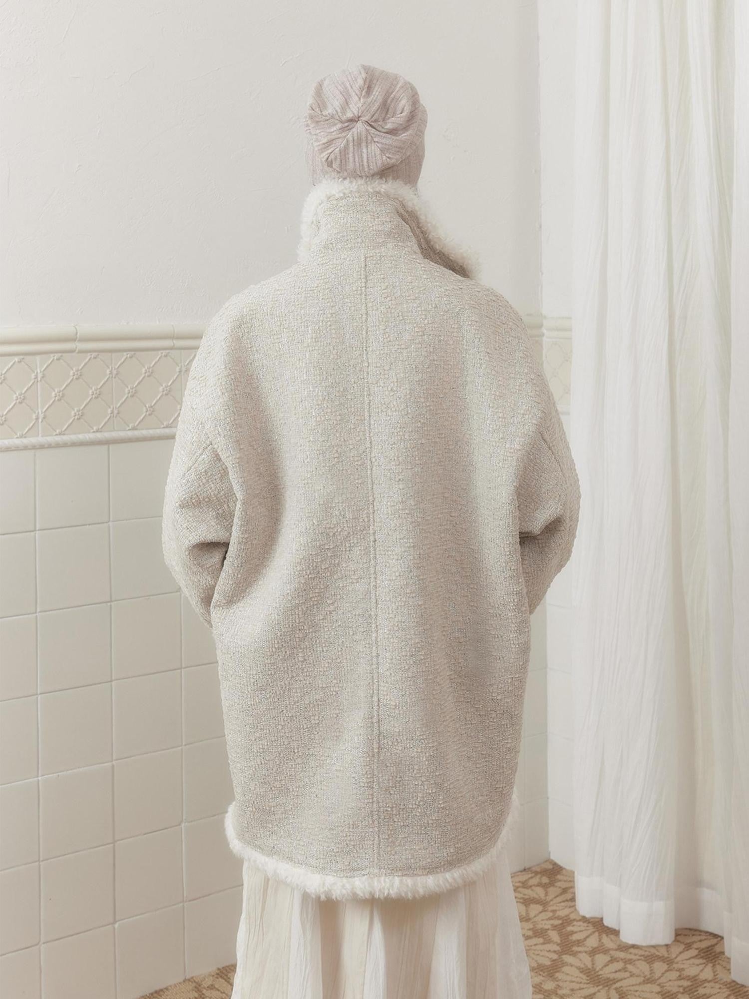 SENSELF Cream Vintage Fur Collar Aged Cocoon Women's Textured Wool Long Coats