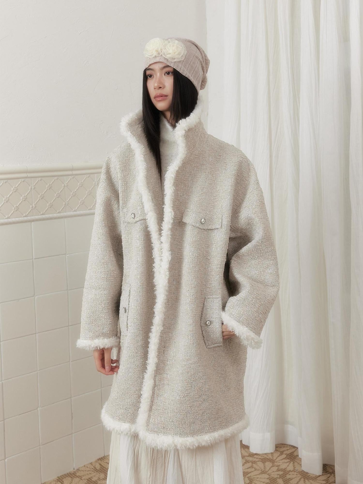 SENSELF Cream Vintage Fur Collar Aged Cocoon Women's Textured Wool Long Coats